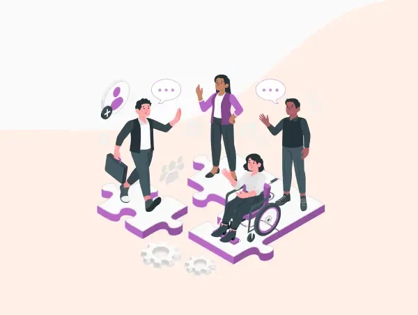 Illustration de l'inclusion de 4 personnes en entreprise.