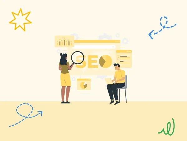 Illustration de deux personnes qui étudient la dernière Core Update de Google.