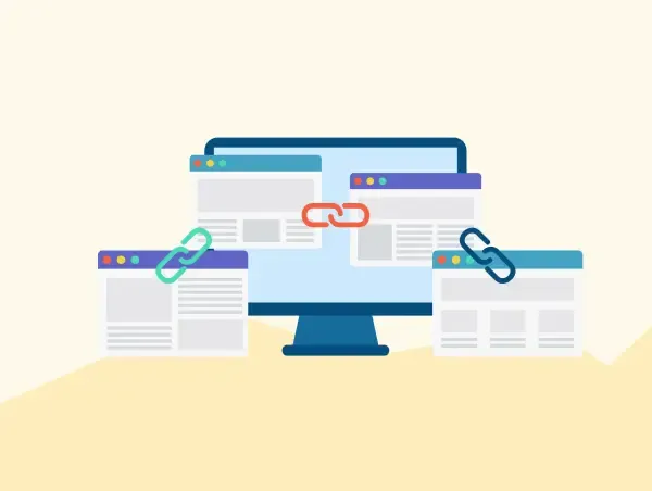 Illustration de backlinks avec quatre pages différentes de netlinking.