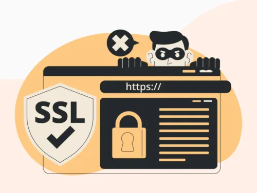 Illustration d'un hacker qui n'utilise pas de certificat SSL (logo de protection SSL).