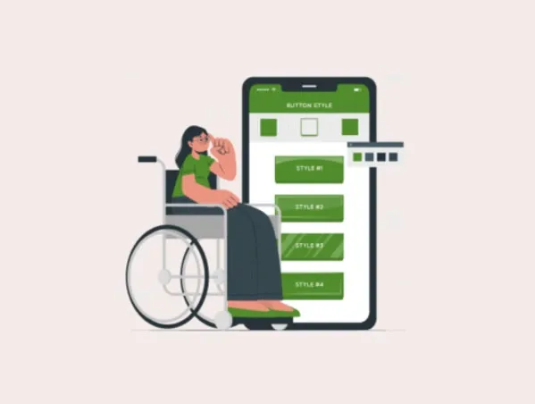 Illustration du numérique accessible avec un téléphone et une femme en fauteuil roulant devant.