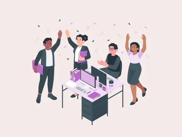 Illustration de quatres personnes qui sont heureuses au travail et se tapent dans la main.