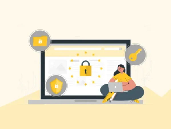 une femme devant un ordinateur avec un cadenas montrant la sécurité et la protection des données.