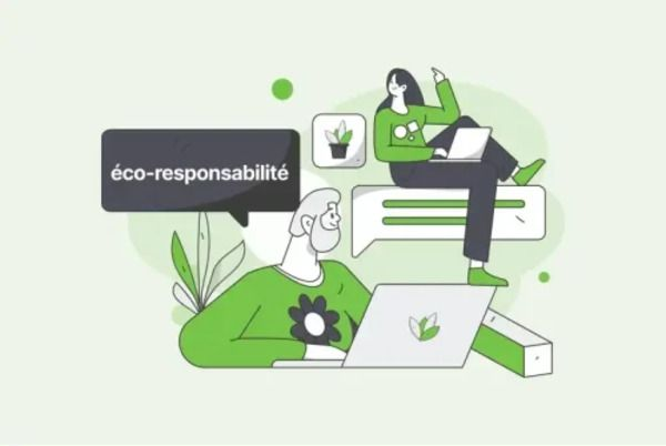 Deux personnages discutant de l'importance de choisir un hébergeur web éco-responsable