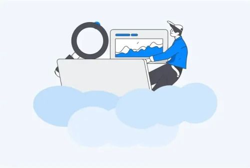 Illustration d'un hébergement de site web dans le cloud, avec un personnage sur son ordinateur