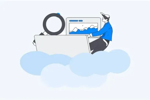 Illustration d'un hébergement de site web dan le cloud, avec un personnage sur son ordinateur 