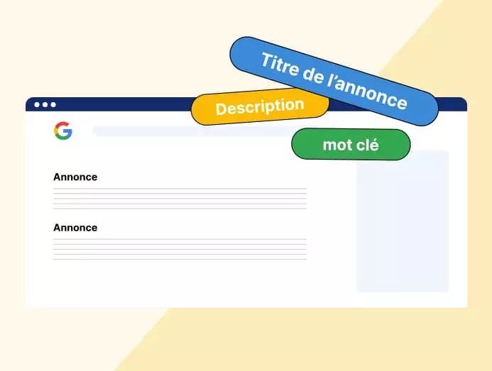 Illustration d'une page web avec uneannonce Google Ads, description et mot-clé