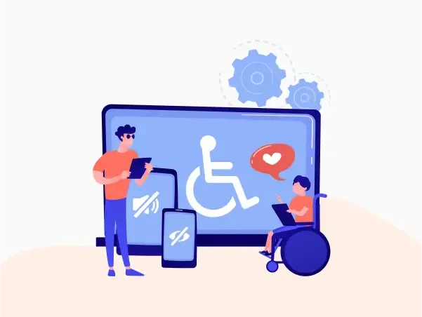 Illustration de gens avec un handicap sur internet avec un ordinateur et un smartphone.