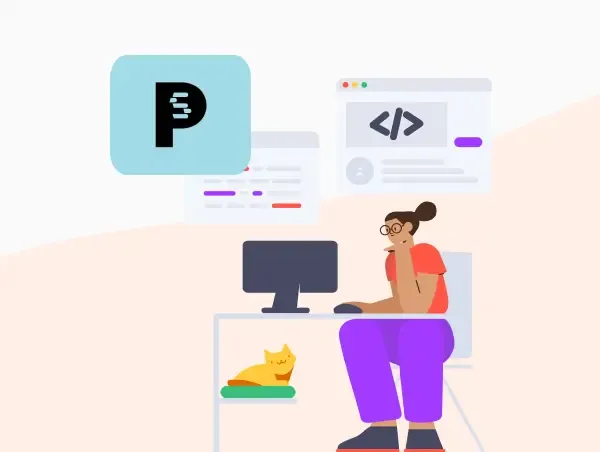 Illustration d'une personne en train de coder du PrestaShop 8 sur son ordinateur