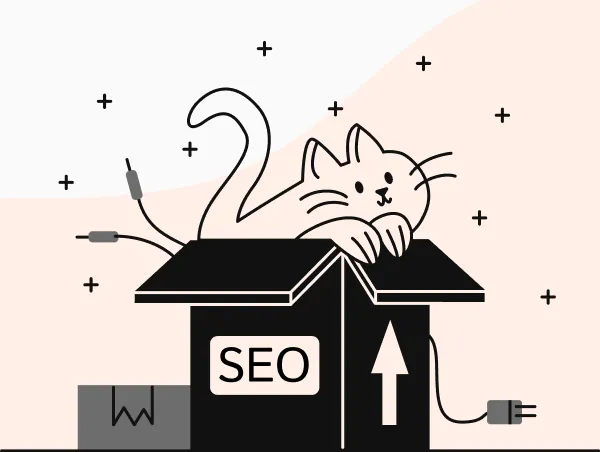 Illustration d'un chat dans un carton avec la mention "SEO"