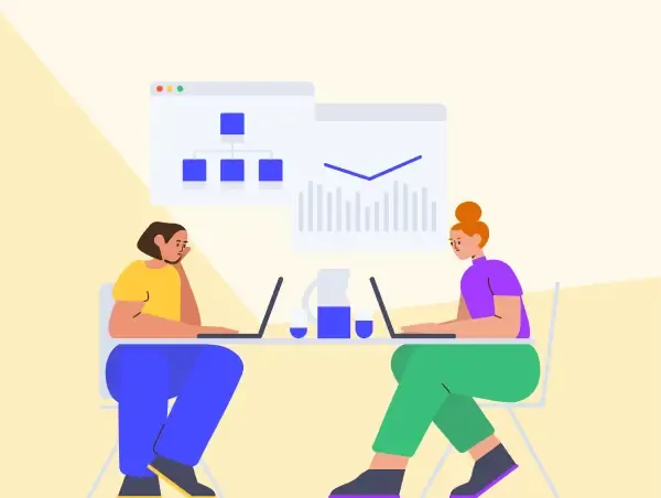 Illustration de deux personnes sur leurs ordinateurs avec des pages dédiées à la pagination