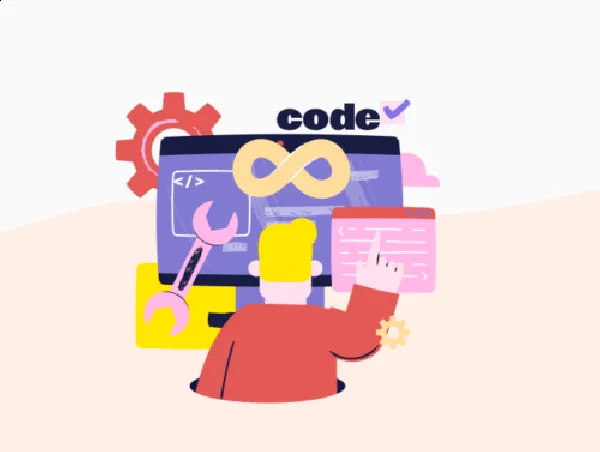 Illustration d'un homme devant un ordinateur en  surcharge de code à cause de framework web.